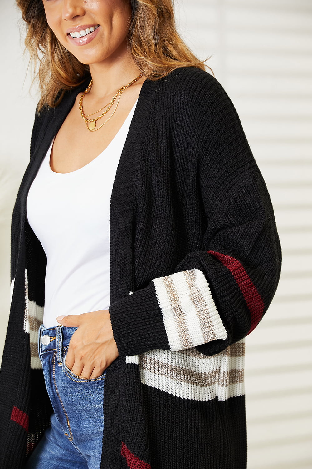 Striped Rib-Knit Drop Shoulder Cardigan
