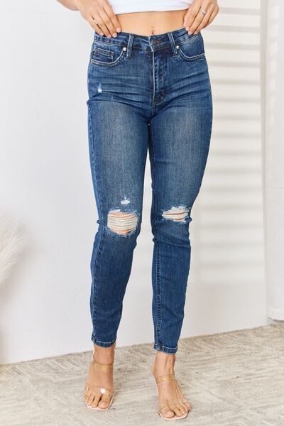 Judy Blue Full Size Mid Rise Tummy Control Waist Distressed Slim Jeans