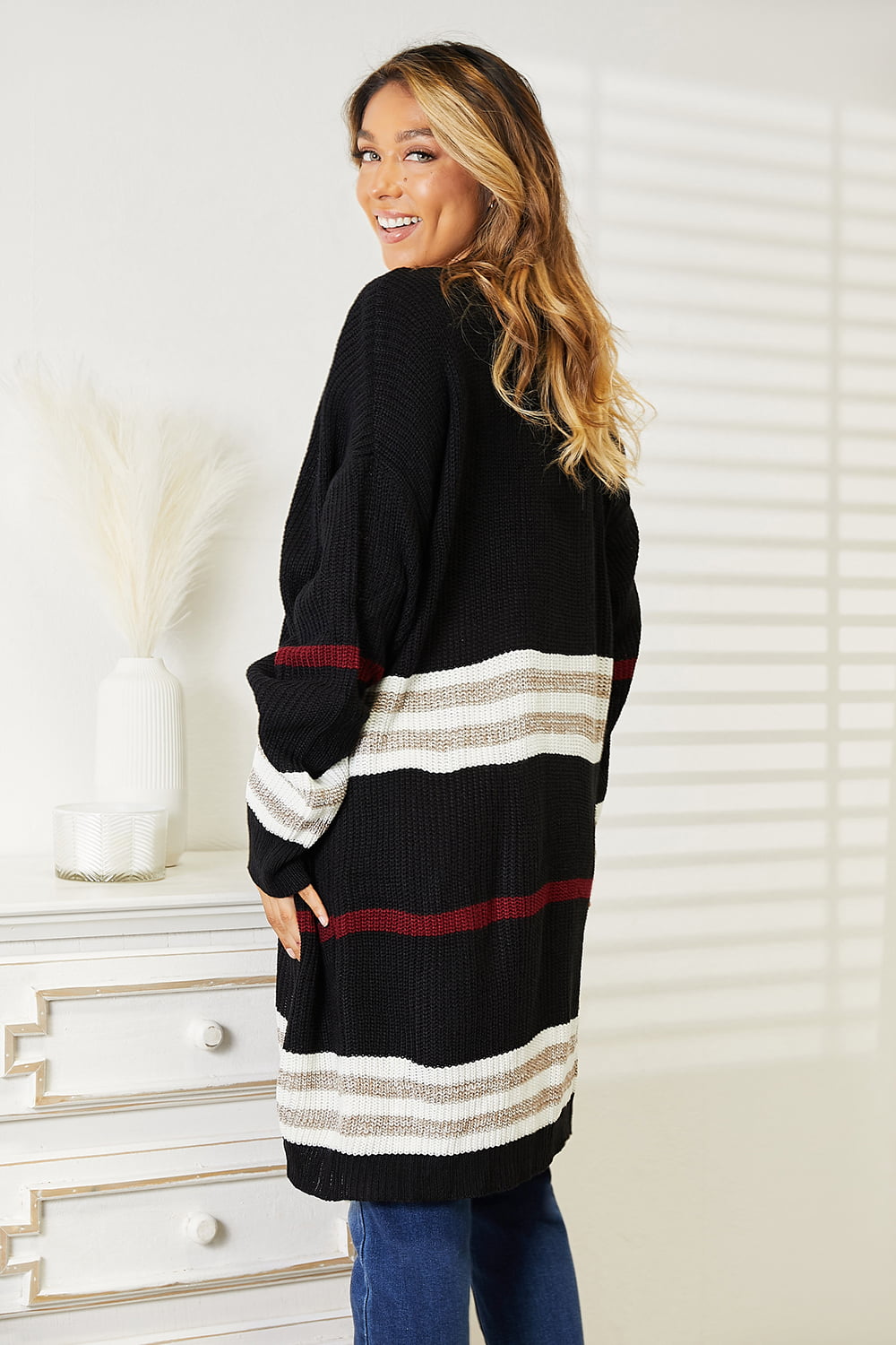 Striped Rib-Knit Drop Shoulder Cardigan