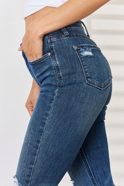 Judy Blue Full Size Mid Rise Tummy Control Waist Distressed Slim Jeans