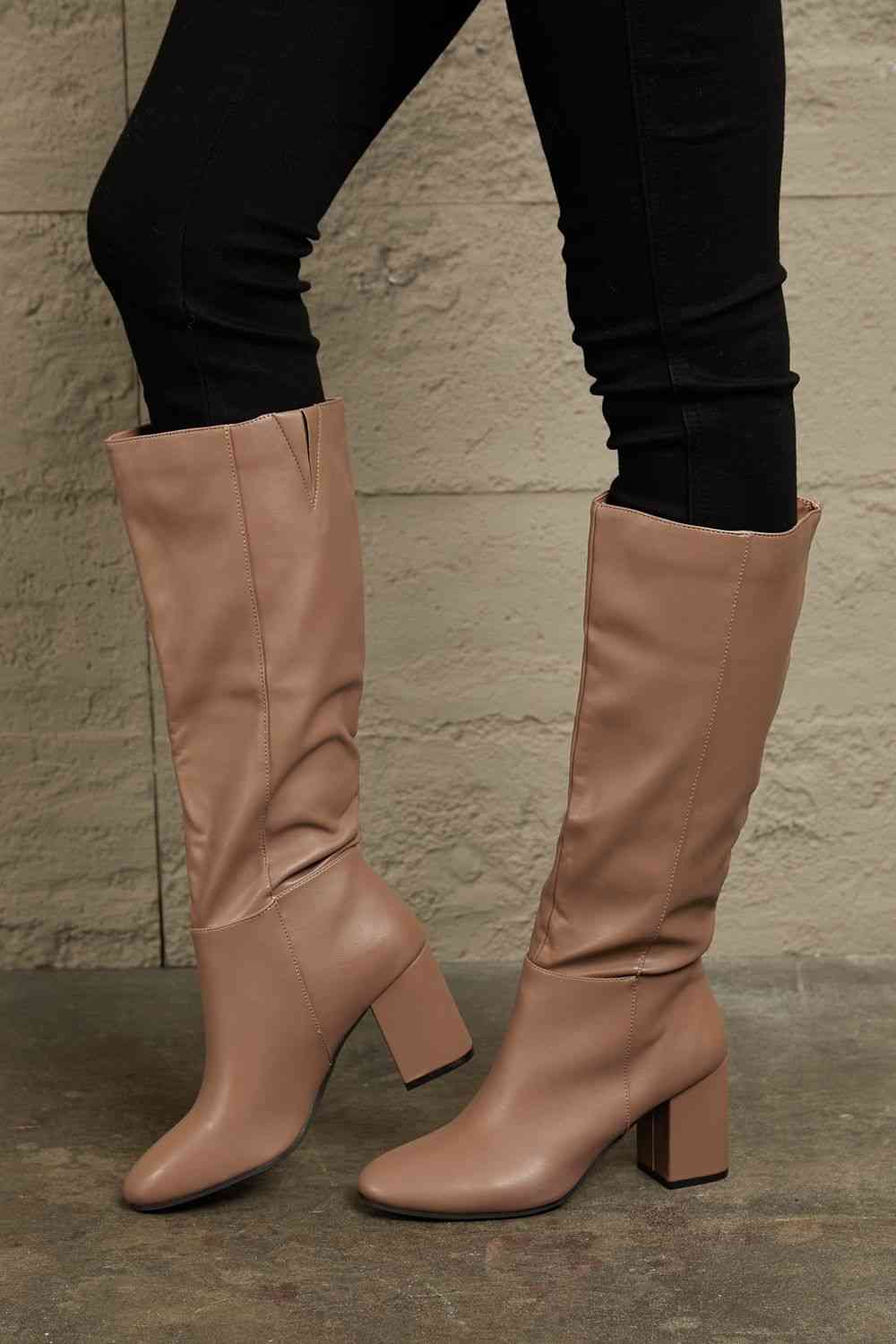 East Lion Corp Block Heel Knee High Boots in Mocha