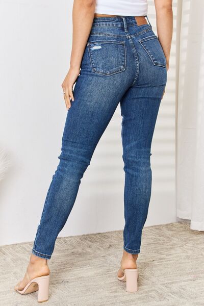 Judy Blue Full Size Mid Rise Tummy Control Waist Distressed Slim Jeans