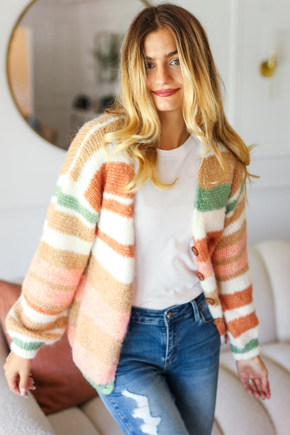 Haptics Full Size Button Down Striped Sweater Cardigan