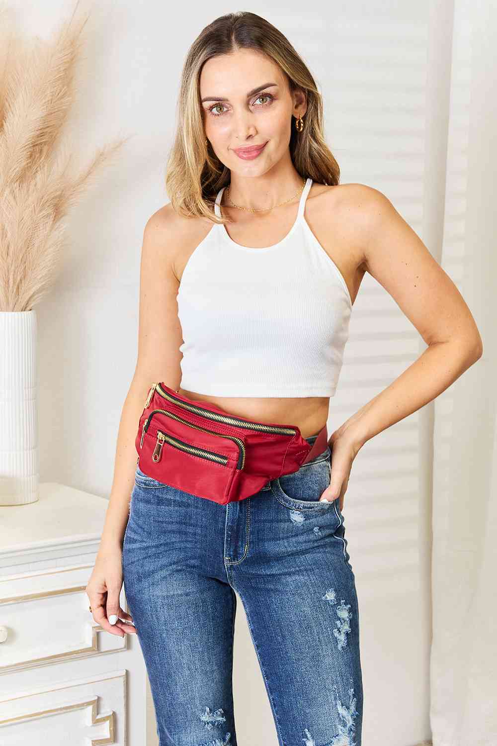 Red Triple Pocket Nylon Fanny Pack