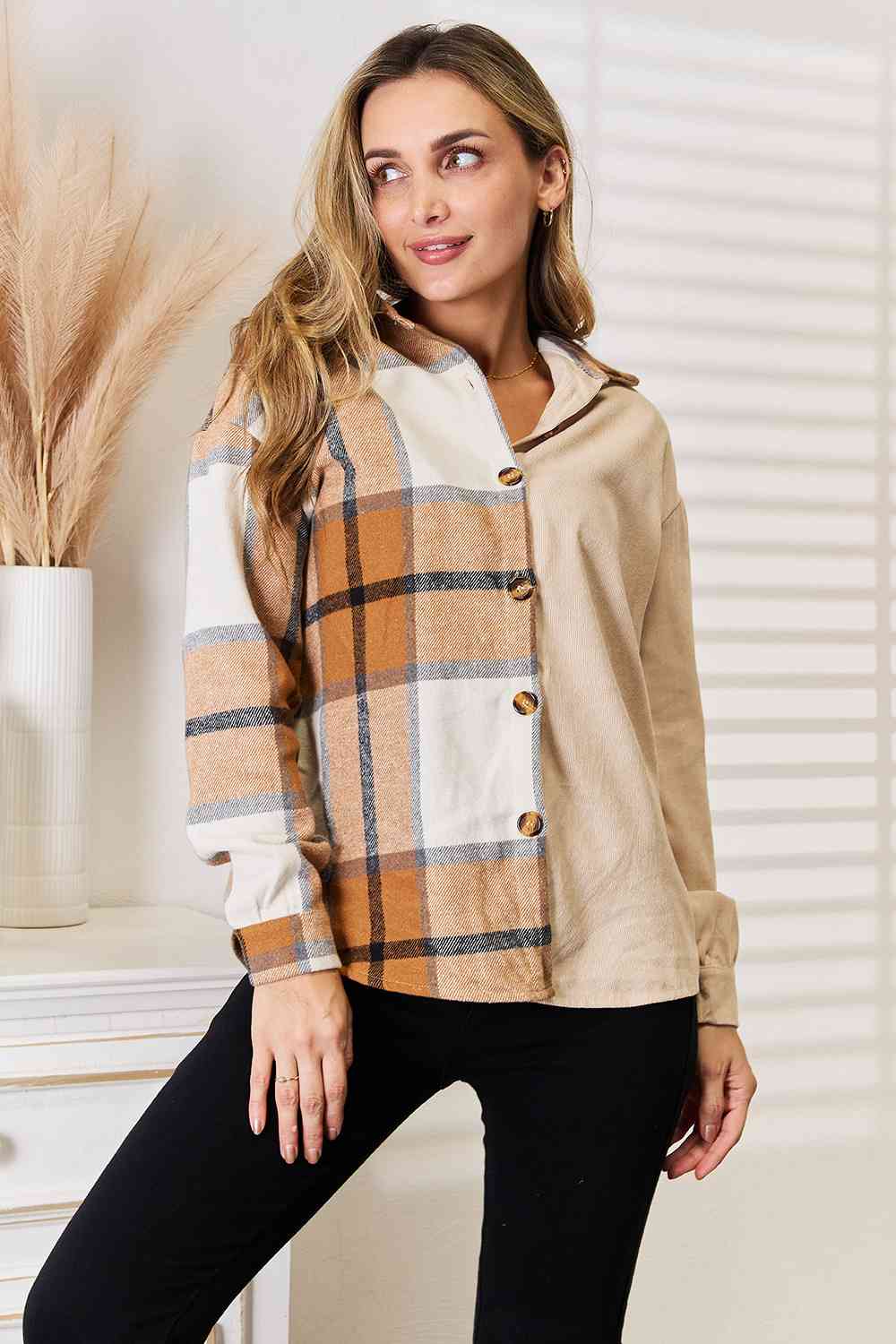 Fall Plaid Print Dropped Shoulder Shirt