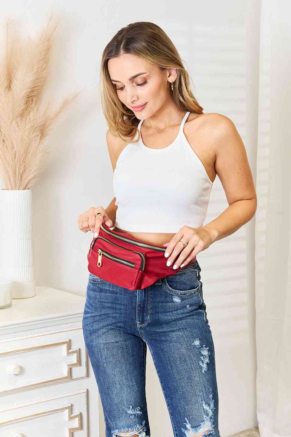 Red Triple Pocket Nylon Fanny Pack