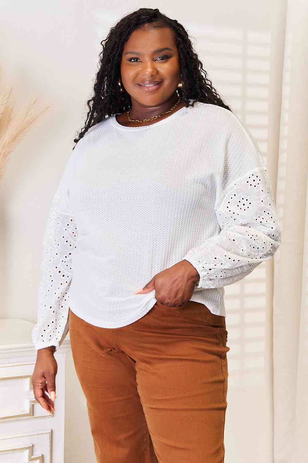 White Eyelet Dropped Shoulder Blouse