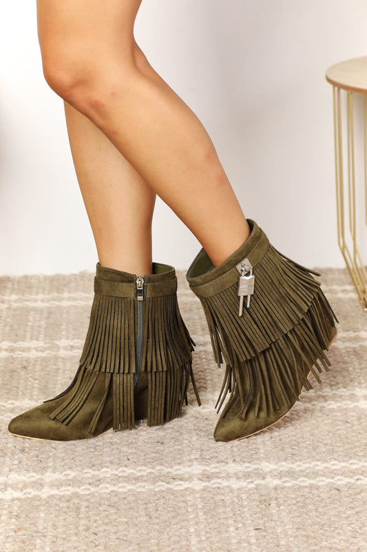 Legend Women's Tassel Wedge Heel Ankle Booties in Olive