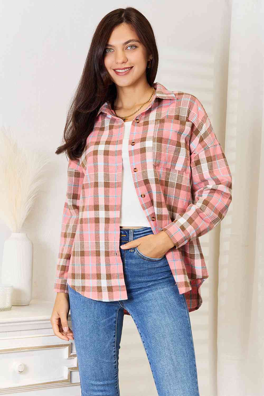 Peach Plaid Collared Button-Up Shirt