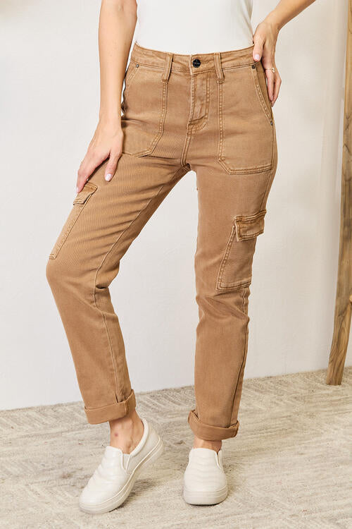 Risen High Waist Cargo Straight Jeans with Pockets