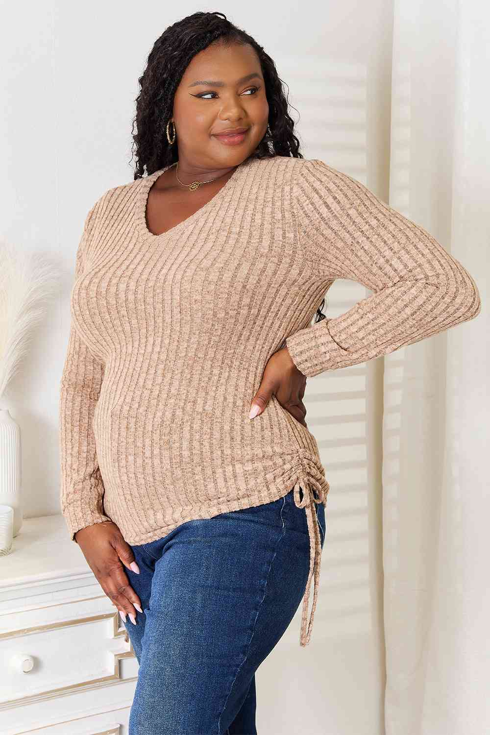 Drawstring Ribbed Long Sleeve