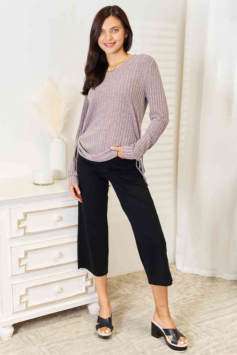 Drawstring Ribbed Long Sleeve