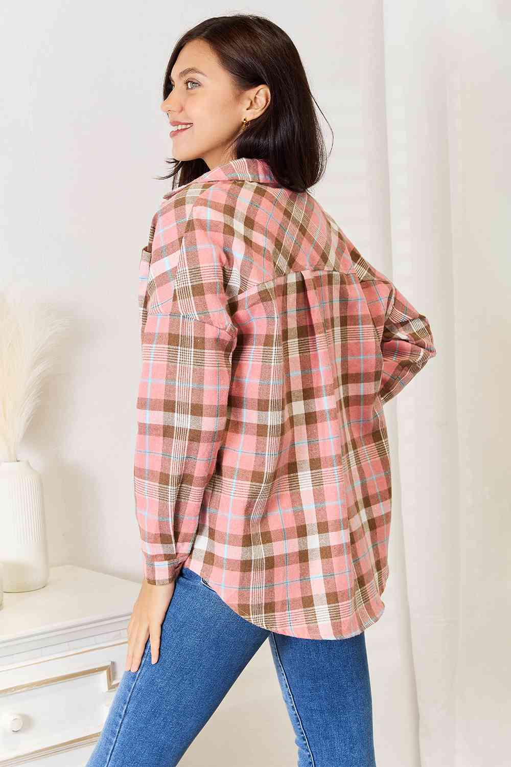 Peach Plaid Collared Button-Up Shirt