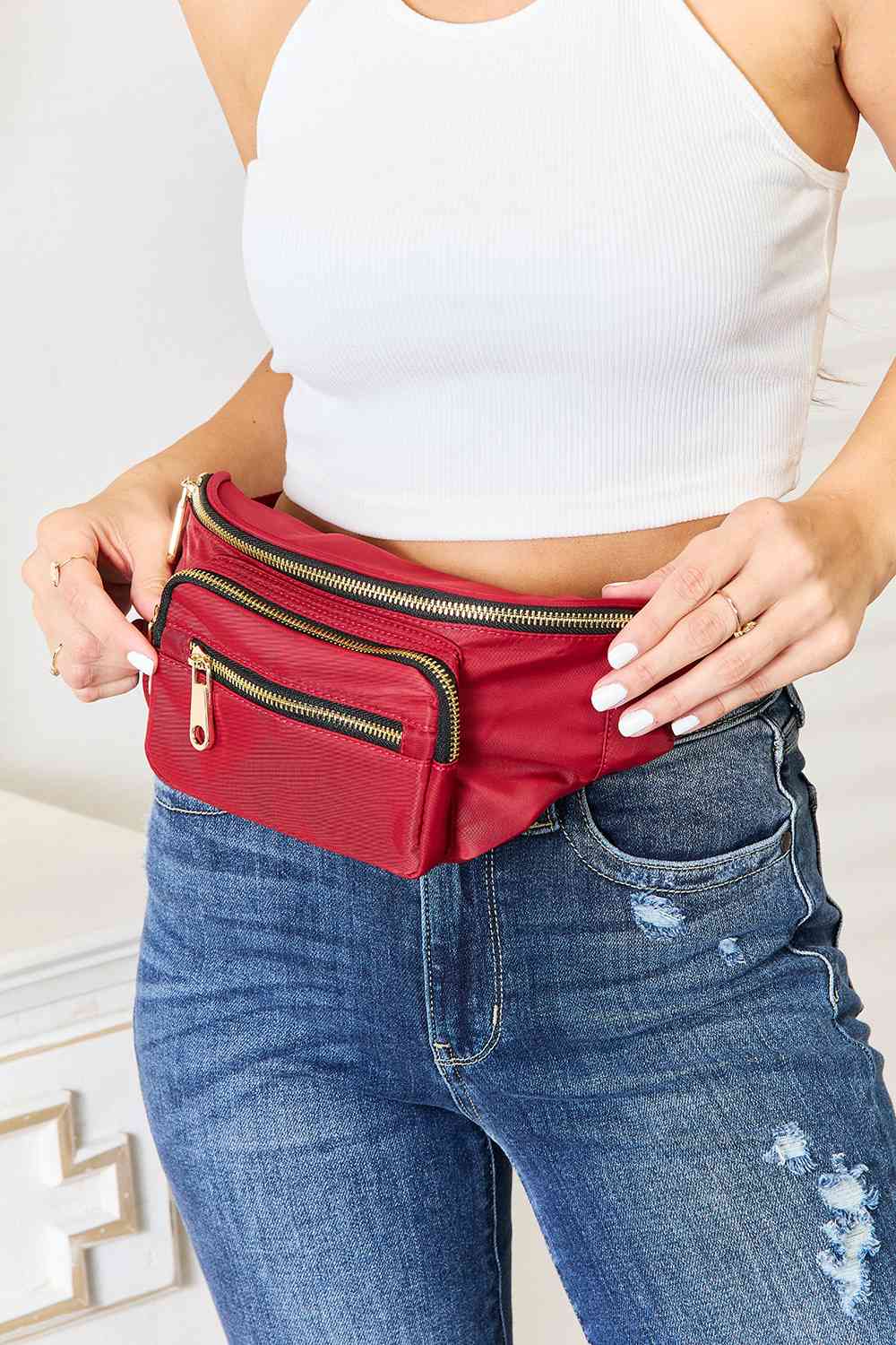 Red Triple Pocket Nylon Fanny Pack