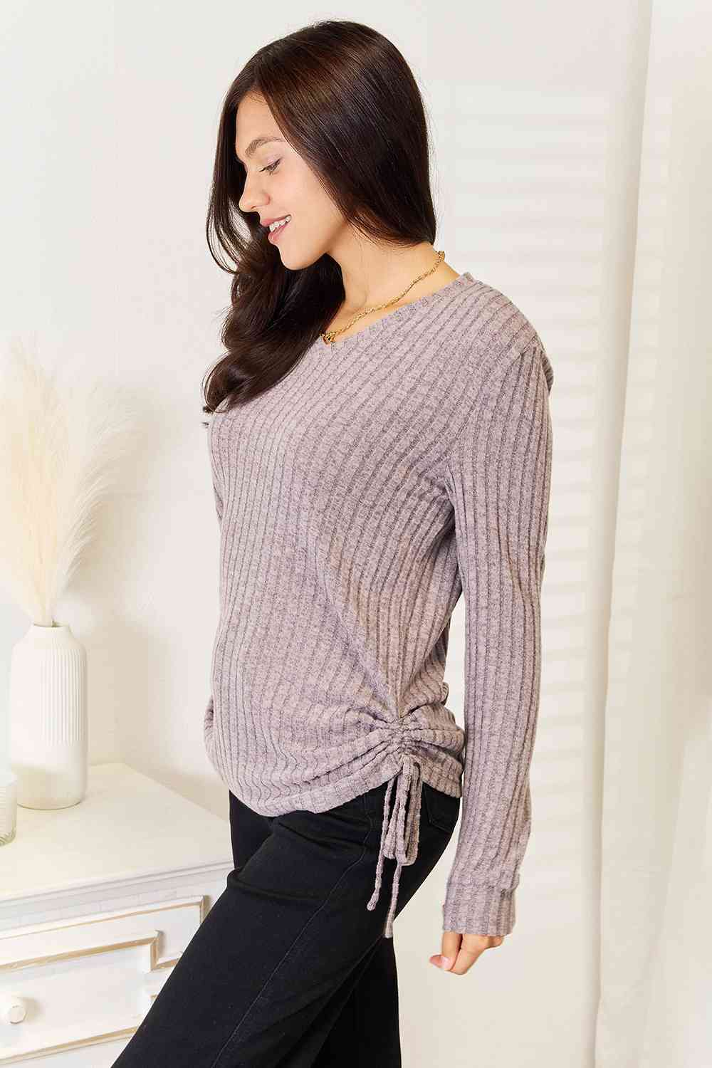 Drawstring Ribbed Long Sleeve