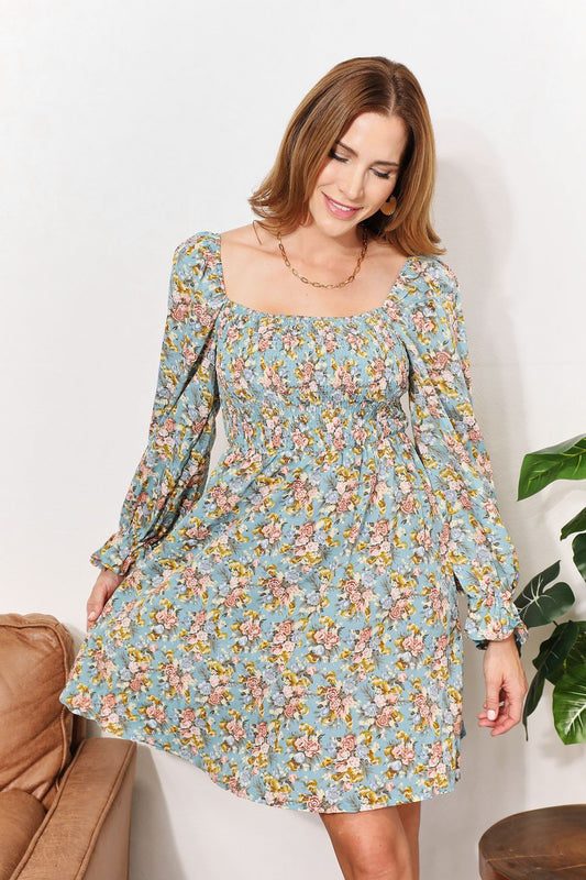 Floral Smocked Flounce Sleeve Boho Dress