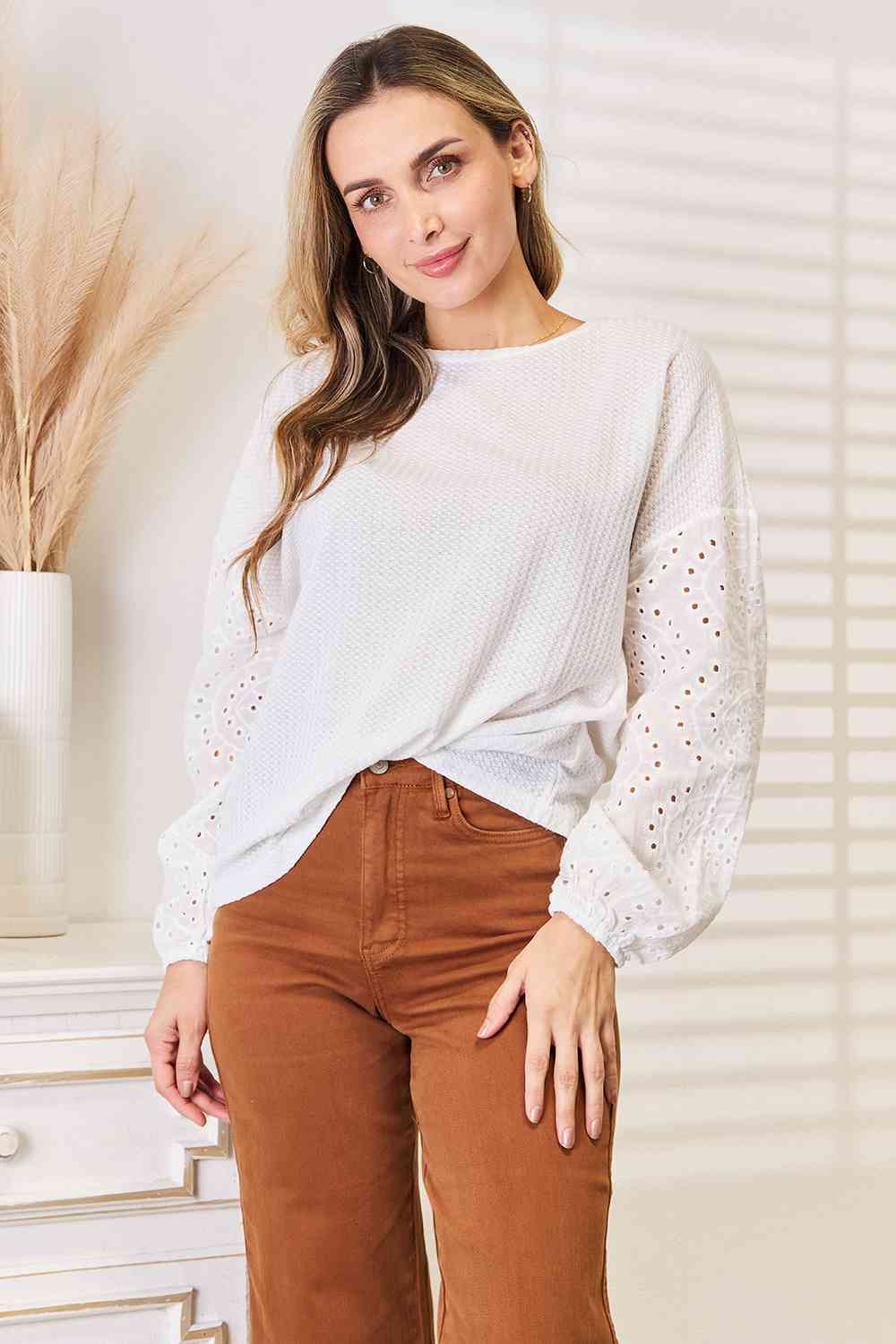 White Eyelet Dropped Shoulder Blouse