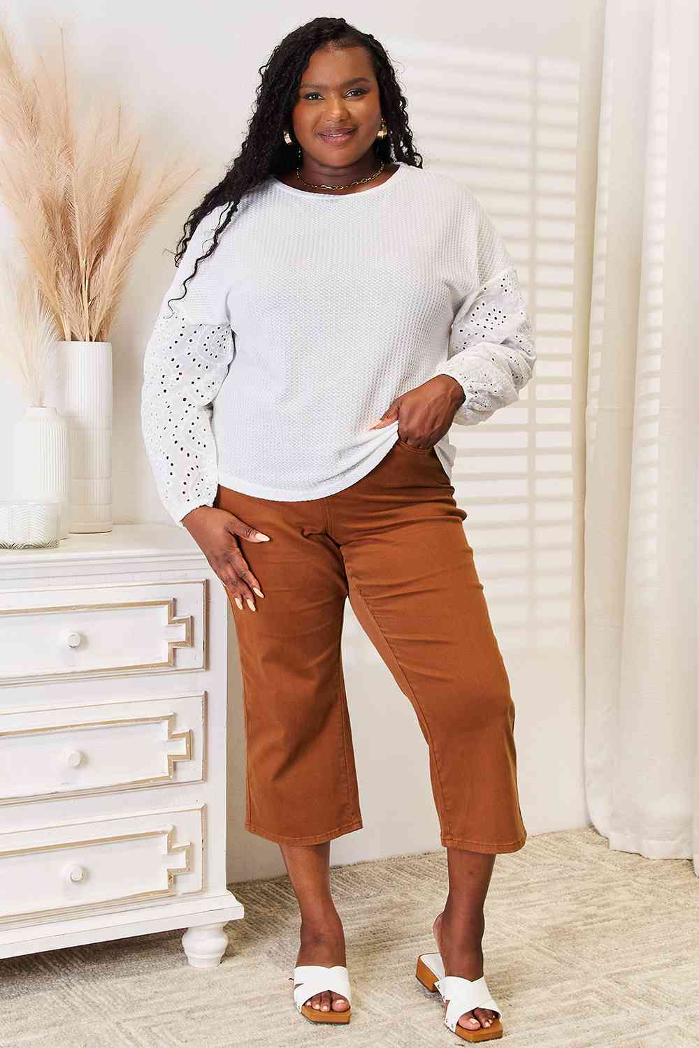 White Eyelet Dropped Shoulder Blouse