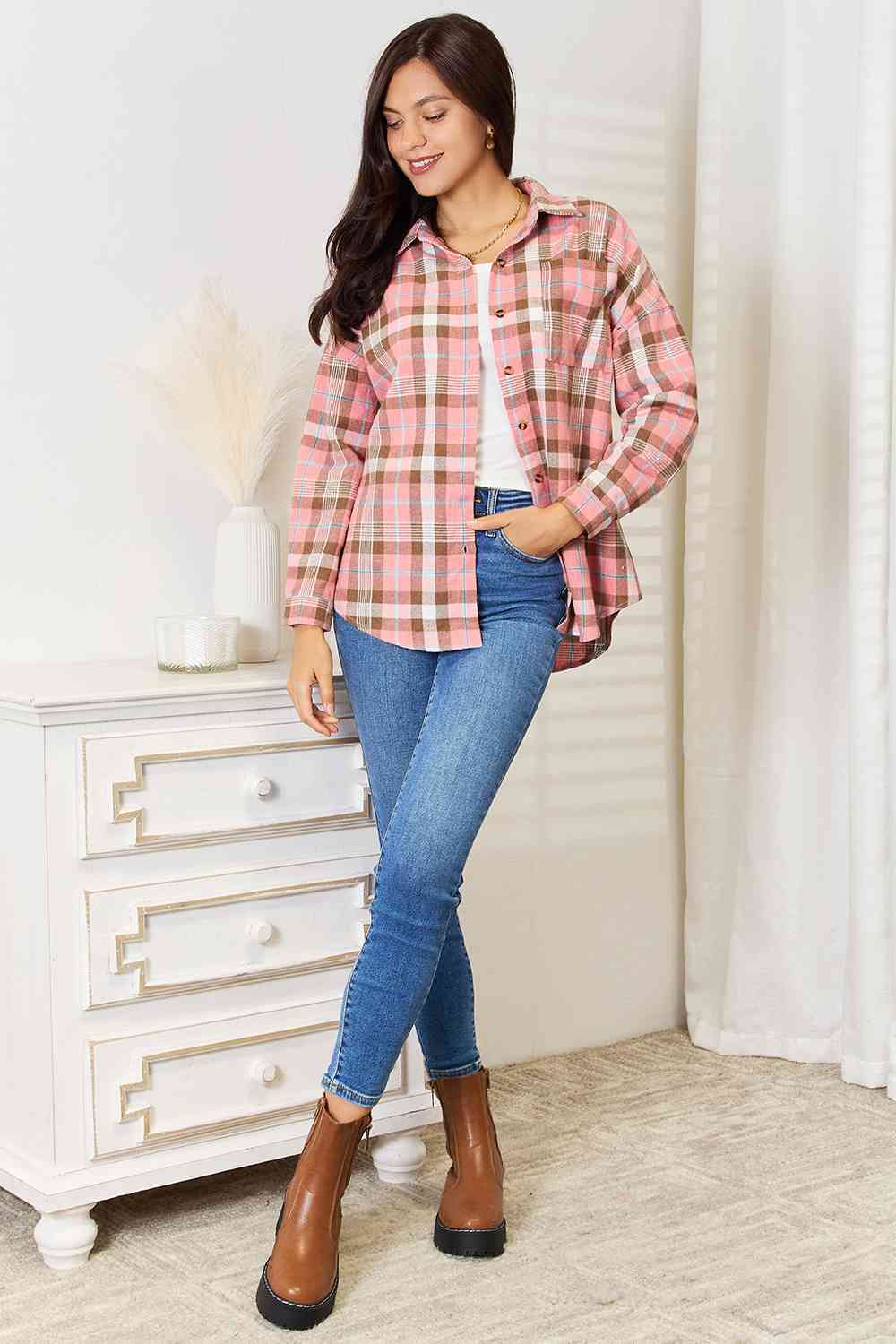 Peach Plaid Collared Button-Up Shirt