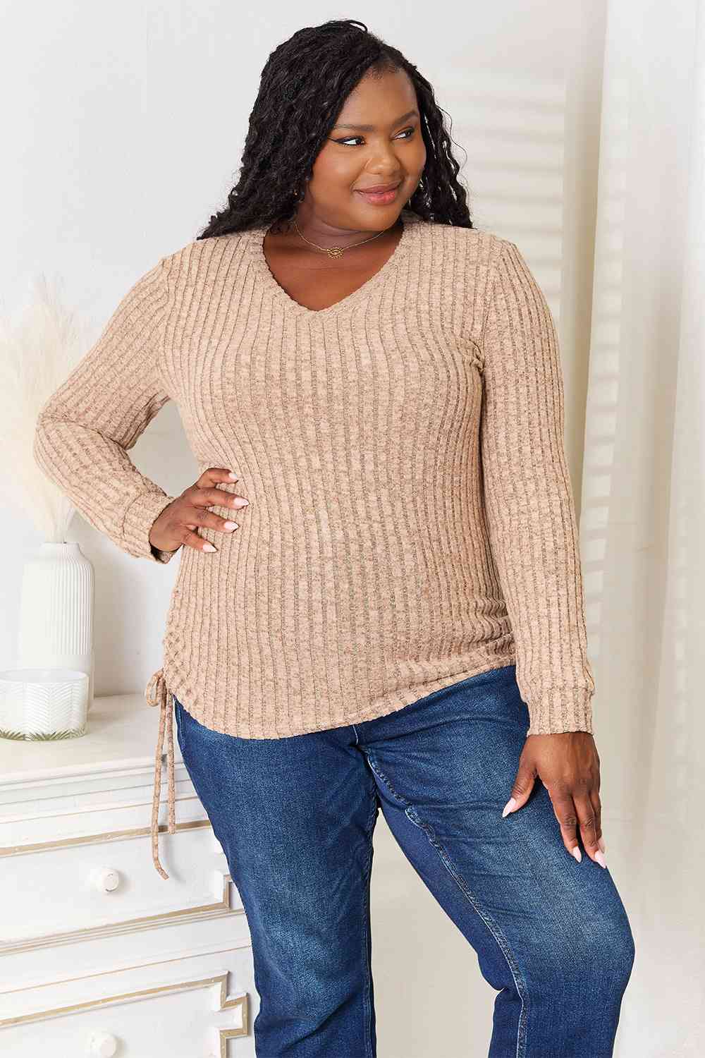 Drawstring Ribbed Long Sleeve