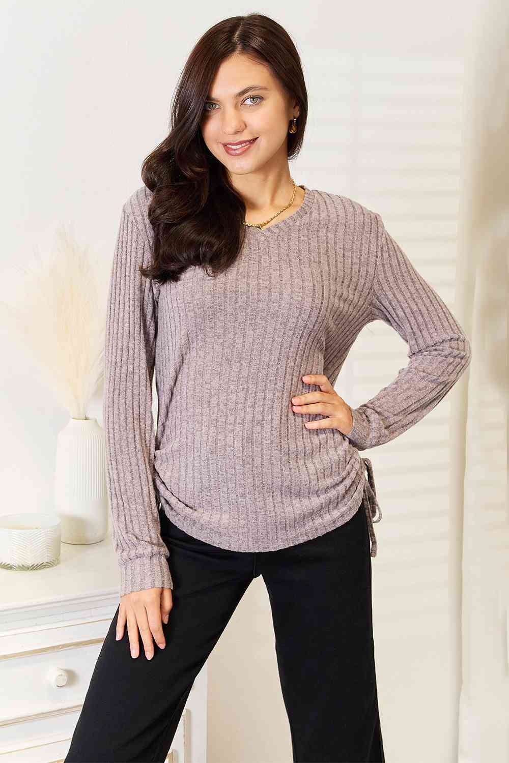 Drawstring Ribbed Long Sleeve