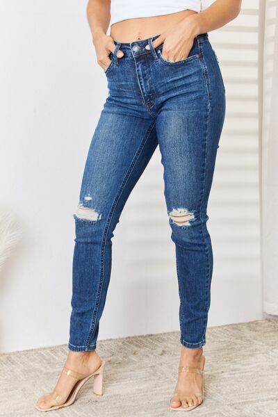 Judy Blue Full Size Mid Rise Tummy Control Waist Distressed Slim Jeans