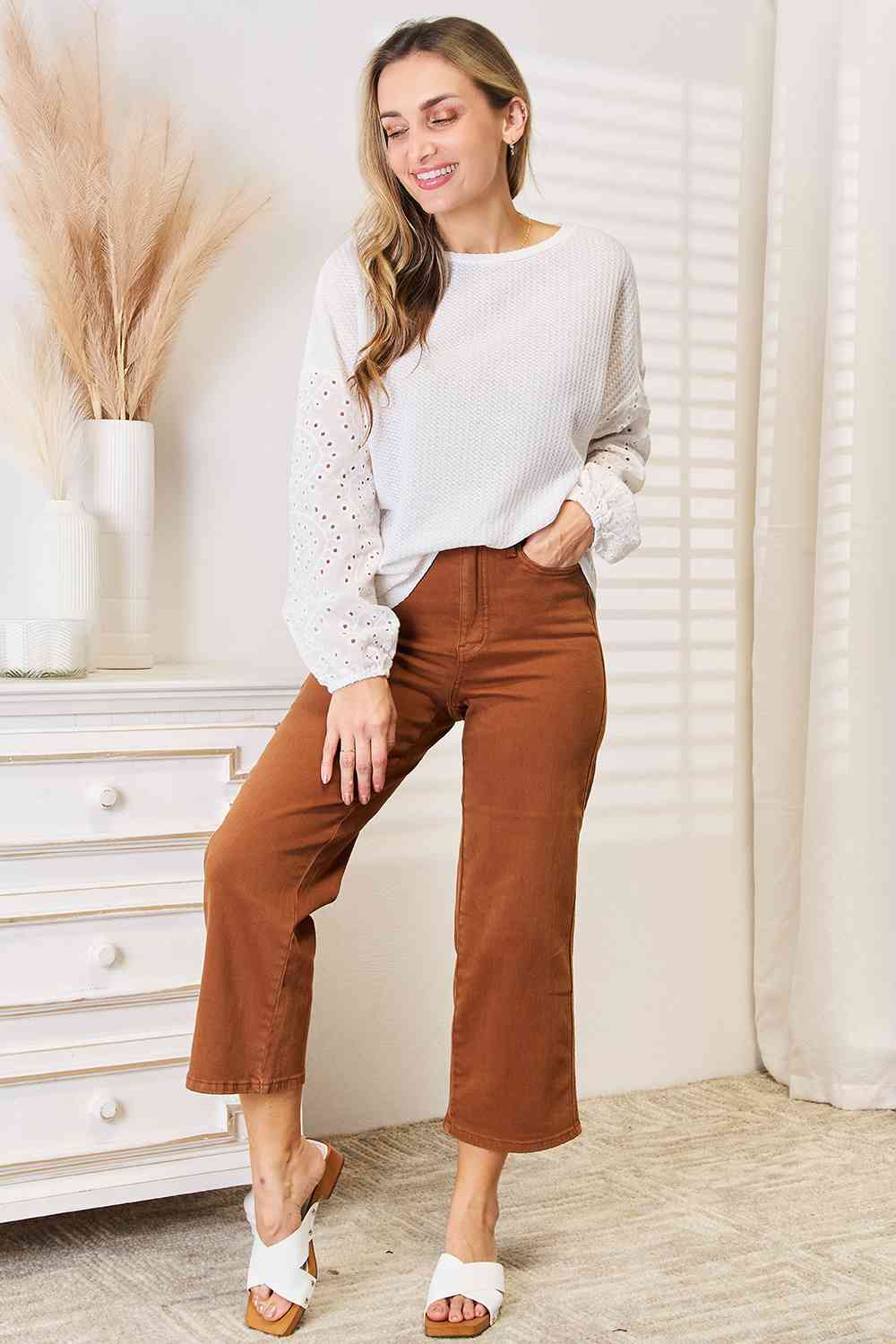 White Eyelet Dropped Shoulder Blouse